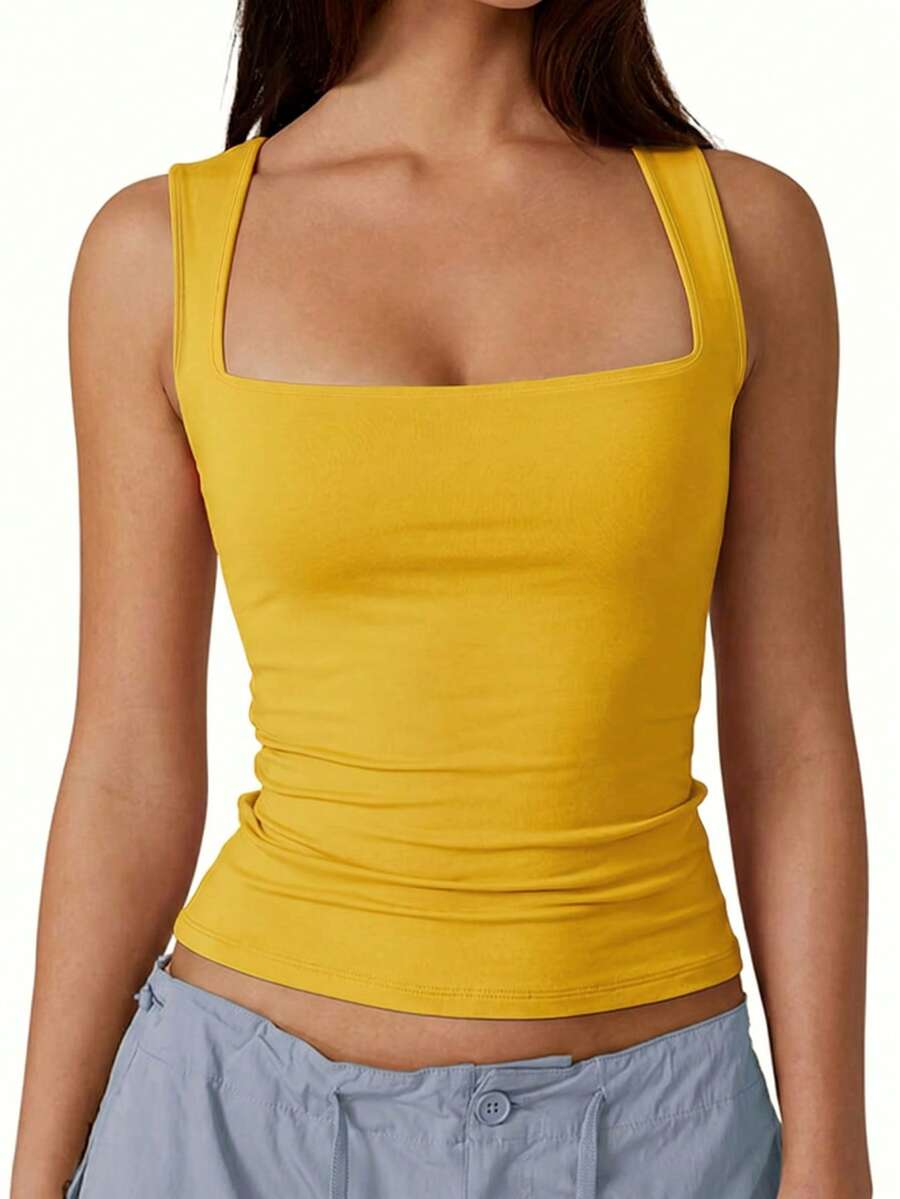 SHEIN SXY Plus Size Simple Solid Color Square Neck Tight Camisole, Summer Mustard Tops For Women Square Neck Top Yellow Mustard Yellow Top - Yellow - View 1