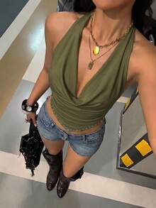 Aloruh Women's Solid Color Rivet Decor Halter Casual Versatile Daily Wear Top,Summer Top - Army Green - View 3