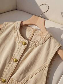 SHEIN MOD Women's Round Neck Single-Breasted Pocket Vest And Pleated Denim Skirt Set Summer Outfits Summer Outfits For Women Spring Break Outfits Women Carnival Costume Elegant Party Set Beach Set Going Out Outfits Elegant Set Women Vacation Outfits Women Casual Sets For Women Women's Beige Denim Button-Up Vest And Pleated Midi Skirt Set. This Sleeveless Crop Top And Midi Skirt Make A Chic Casual Two Pieces Outfit. - Khaki - View 3