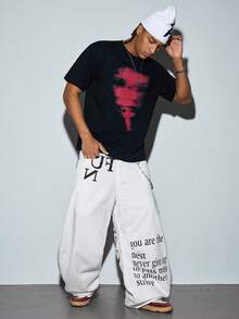 Modcrash 1件 Infinite Jeans 美式休閒品牌拼接男士個性印花喇叭褲，寬鬆舒適街頭風寬腿長褲，適合秋冬/冬季 - 白色 - 查看 1