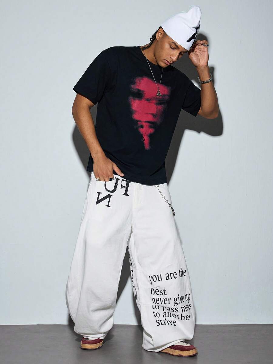 Modcrash 1件 Infinite Jeans 美式休閒品牌拼接男士個性印花喇叭褲,寬鬆舒適街頭風寬腿長褲,適合秋冬/冬季 - 白色 - 查看 1