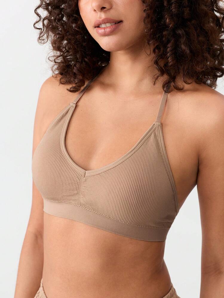 Loungeista 1pc Seamless Ribbed Racerback V-Neck Sports Bra, Removable Pads, Soft Comfortable Breathable Yoga Bra - Khaki - View 9