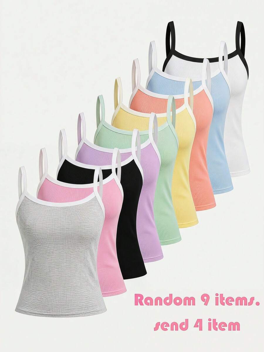 SHEIN Conjunto informal de 4 piezas de camiseta de punto con bloques de color para niña preadolescente, caja sorpresa [9 sets aleatorios, se envían 4 sets] - Multicolor - Ver 1