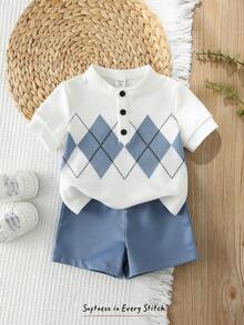 Cozy Pixies Bộ 2 món cho bé trai: áo len cổ bẻ mềm mại tay ngắn có khóa kéo nửa thân và quần short cạp chun. - Xanh và trắng - Xem 7