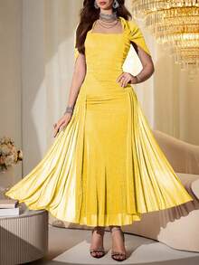 Modelyn Elegant Mesh Shiny Strapless Shawl Sleeve Fitted Long Dress For Women, Spring & Autumn - Yellow - View 7