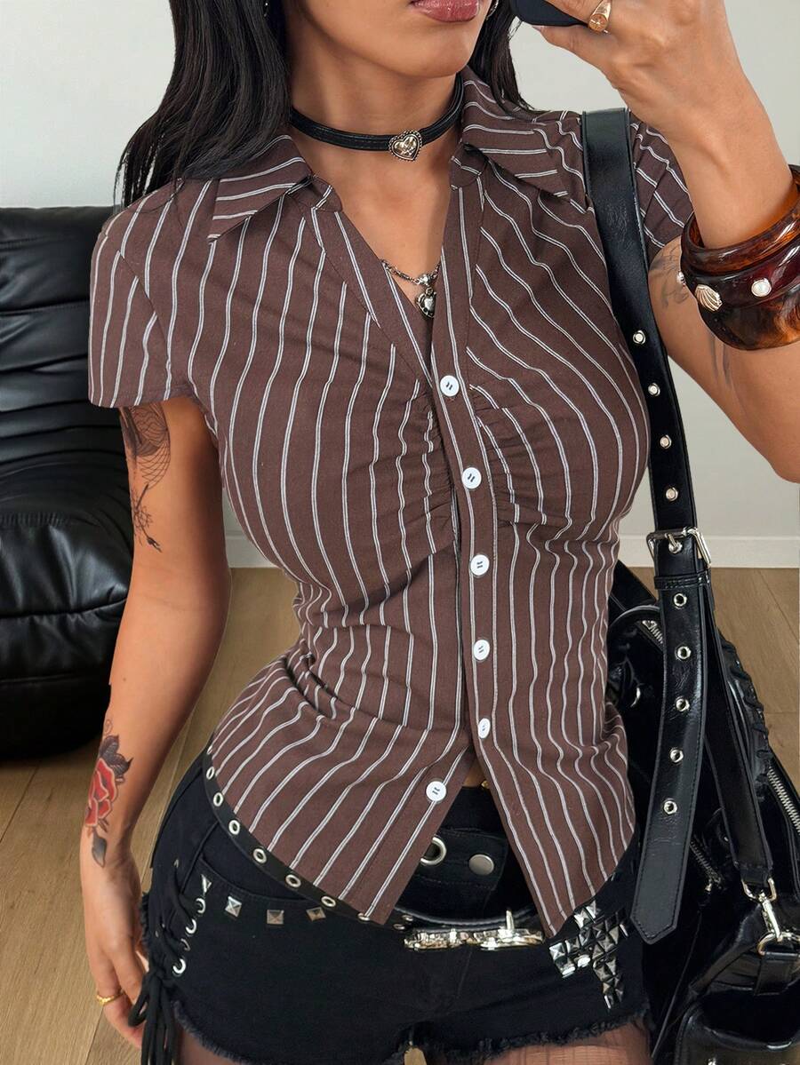 Coolane Bluse a maniche corte con collo a revers, in cotone a righe marroni, stile casual e vintage, adatte per donne e ragazze, ideali per il ritorno a scuola - Castano - Visualizzare 1