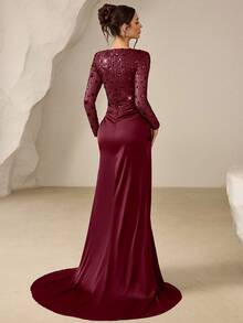 Coutiva Đầm dạ hội thanh lịch dành cho nữ, họa tiết hoa đính sequin, eo xếp ly. - Màu Đỏ Sâu - Xem 2