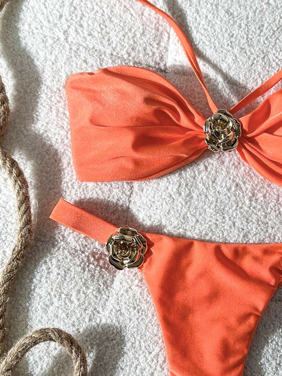 Swim Chiccia 女士纯色无肩带比基尼套装,饰有花卉金属装饰,春夏款 - 橘色 - 查看 1