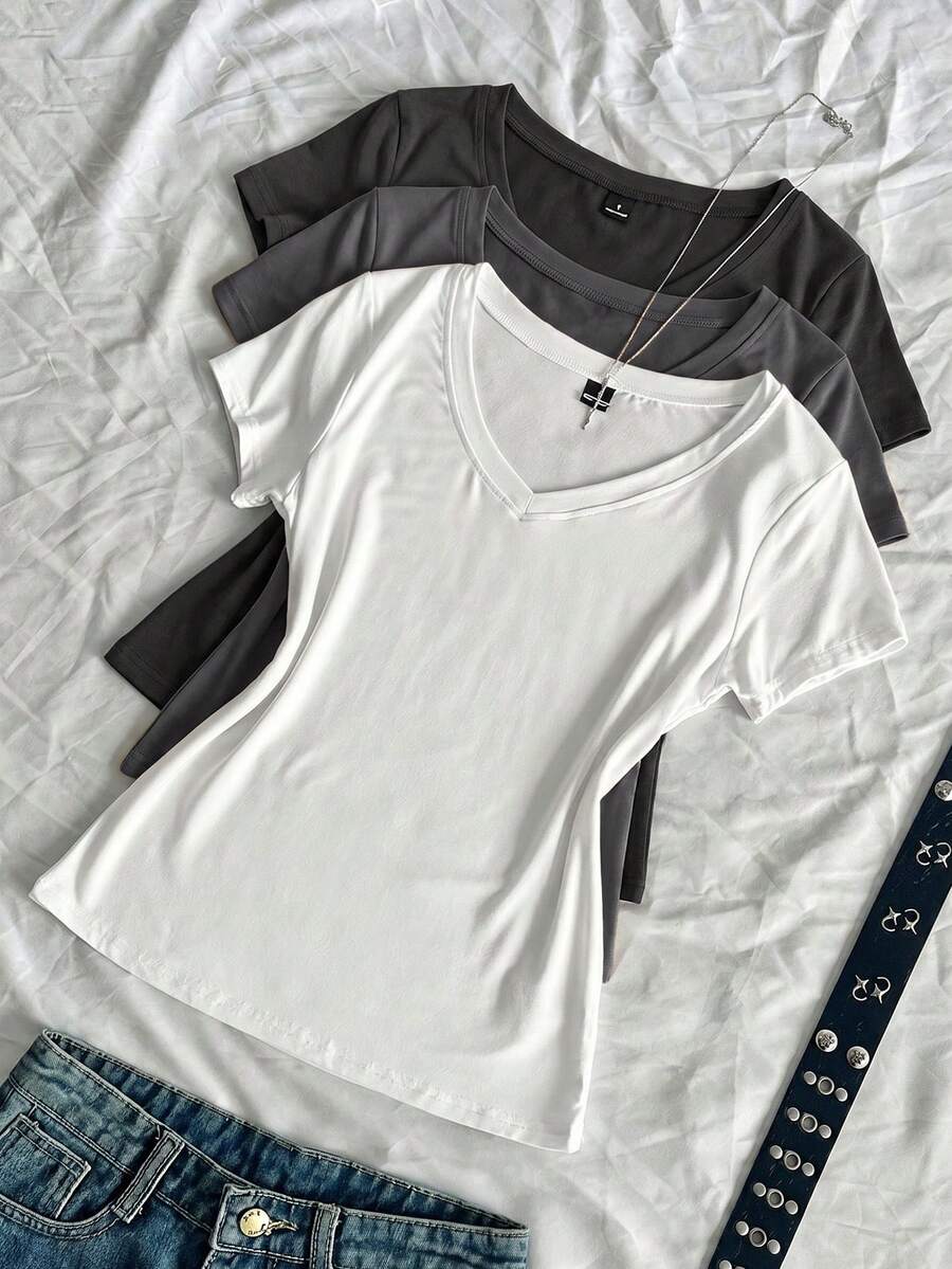 SHEIN EZwear 3件装女士夏季V领紧身T恤,朋克亚文化动漫纯色基础款V领短袖修身T恤 - 彩色 - 查看 1