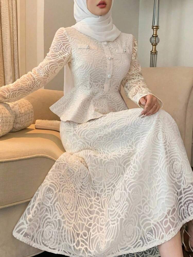 Women's Elegant Solid Color Lace Collar Faux Pocket Shirt And Skirt 2 Pieces Set, Autumn/Winter,Wedding Guest Dress Women