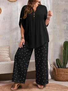 Rusticease Casual Minimalist Polka Dot Pattern Top And Loose Wide-Leg Pants 2 Pieces Set, Suitable For Spring/Summer, Office, Travel, Plus Size Fall - Black - View 5