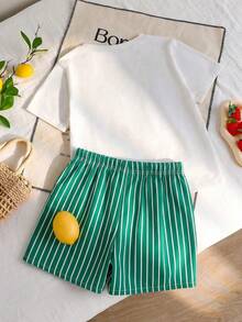 Tween Girls Sweet Tropical Fruit & Cherry Striped Casual Round Neck Short Sleeve T-Shirt And Shorts Set, Loose Pattern Print Top Tee Outfit For Summer Beach Holiday - Multicolor - View 2