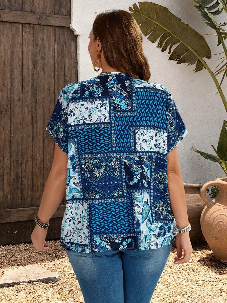Plus Size All-Over Print V-Neck Short Sleeve Shirt, Summer Beach Outfits For Women Summer Tops Summer Outfit For Women