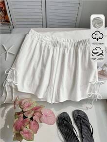 Comfortcana شورت كاجوال مقاس كبير بلون أبيض سادة مزين بفيونكة، للربيع والصيف والعطلات - أبيض - مشاهدة 2