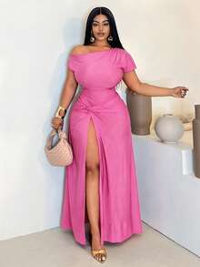 Maweii Plus Size Women Autumn Twist Asymmetric Slit Dress - Hot Pink - View 5