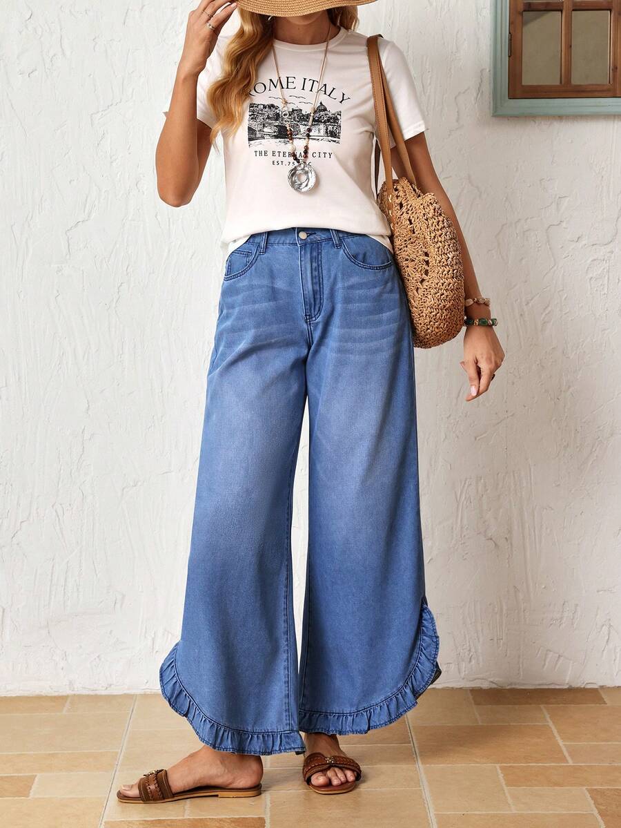 Breezaya Quần jean denim nữ dáng rộng, thời trang mùa hè, đa năng, thoải mái với gấu quần xếp ly. - Màu xanh lam - Xem 1
