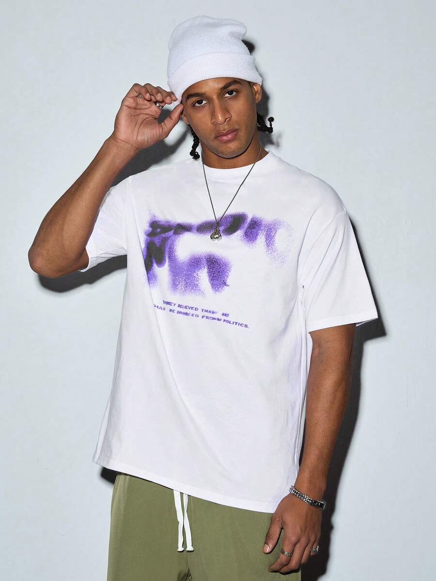 Modcrash Men's White T-Shirt With Blurred Letter Graphic - Purple - View 1