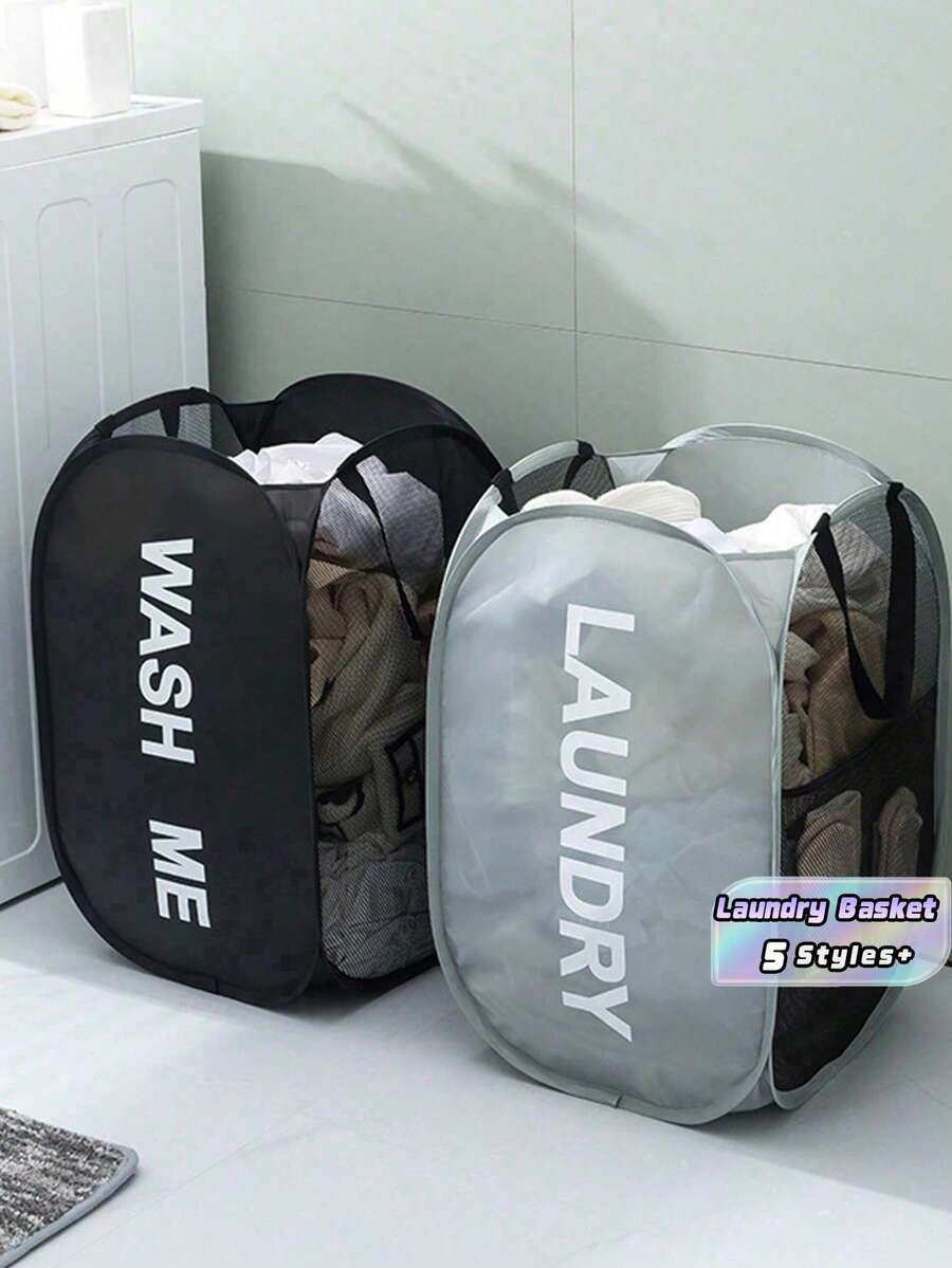 1 PC Multi-Color Foldable Pop-Up Mesh Breathable And Ventilated Portable Lightweight Anti-Rust With 2 Handles Space-Saving Quick-Opening Black Laundry Basket For Dirty Clothes Storage Box Suitable For Bathroom Laundry Room Bedroom Dormitory Travel Camping Home Organization All Seasons Foldable Laundry Basket - Multicolor white net - View 1