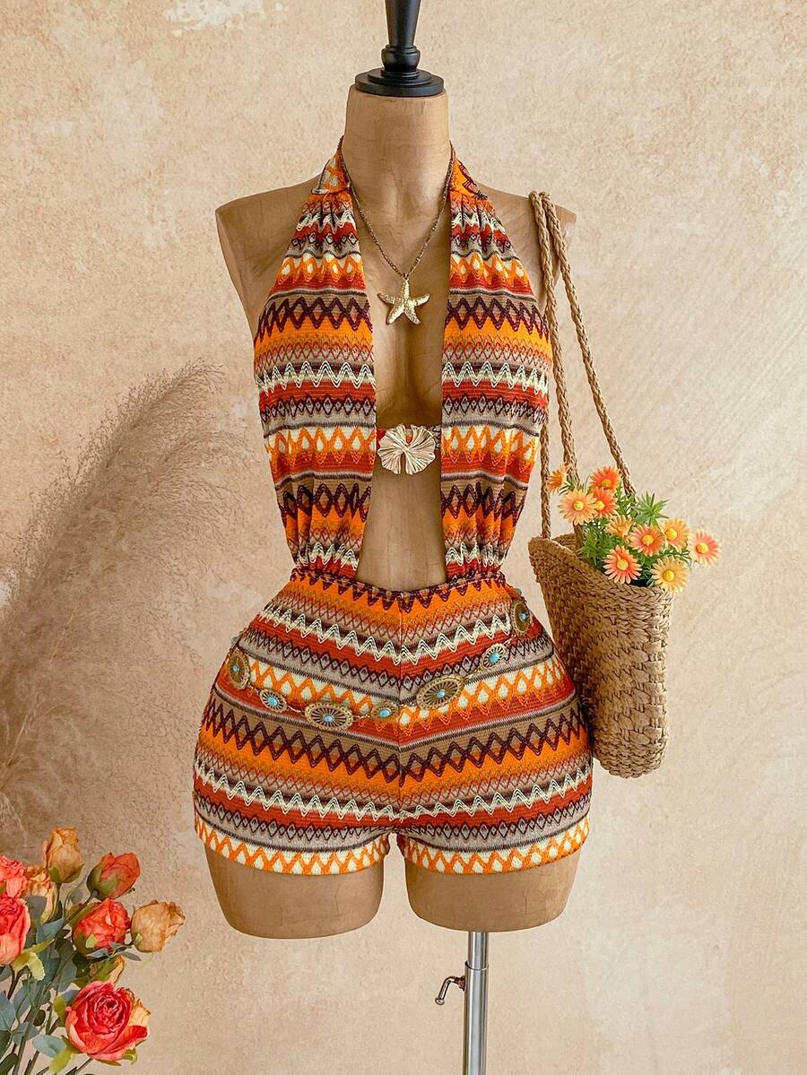 Soleia Bộ jumpsuit nữ gợi cảm hở lưng, buộc dây phía trước, họa tiết hình học, thích hợp cho bãi biển và kỳ nghỉ. - Nhiều màu - Xem 1