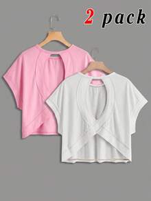 SHEIN Tween女孩2件套，休閒粉色與白色夏季度假時尚交叉露背對比飾邊圓領寬鬆T恤，母女套裝 - 粉色 - 查看 12