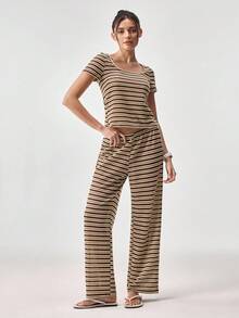 Loungeista Comfortable & Fashionable Striped Crew Neck Short Sleeve Loungewear Setfor Summer - Brown - View 5