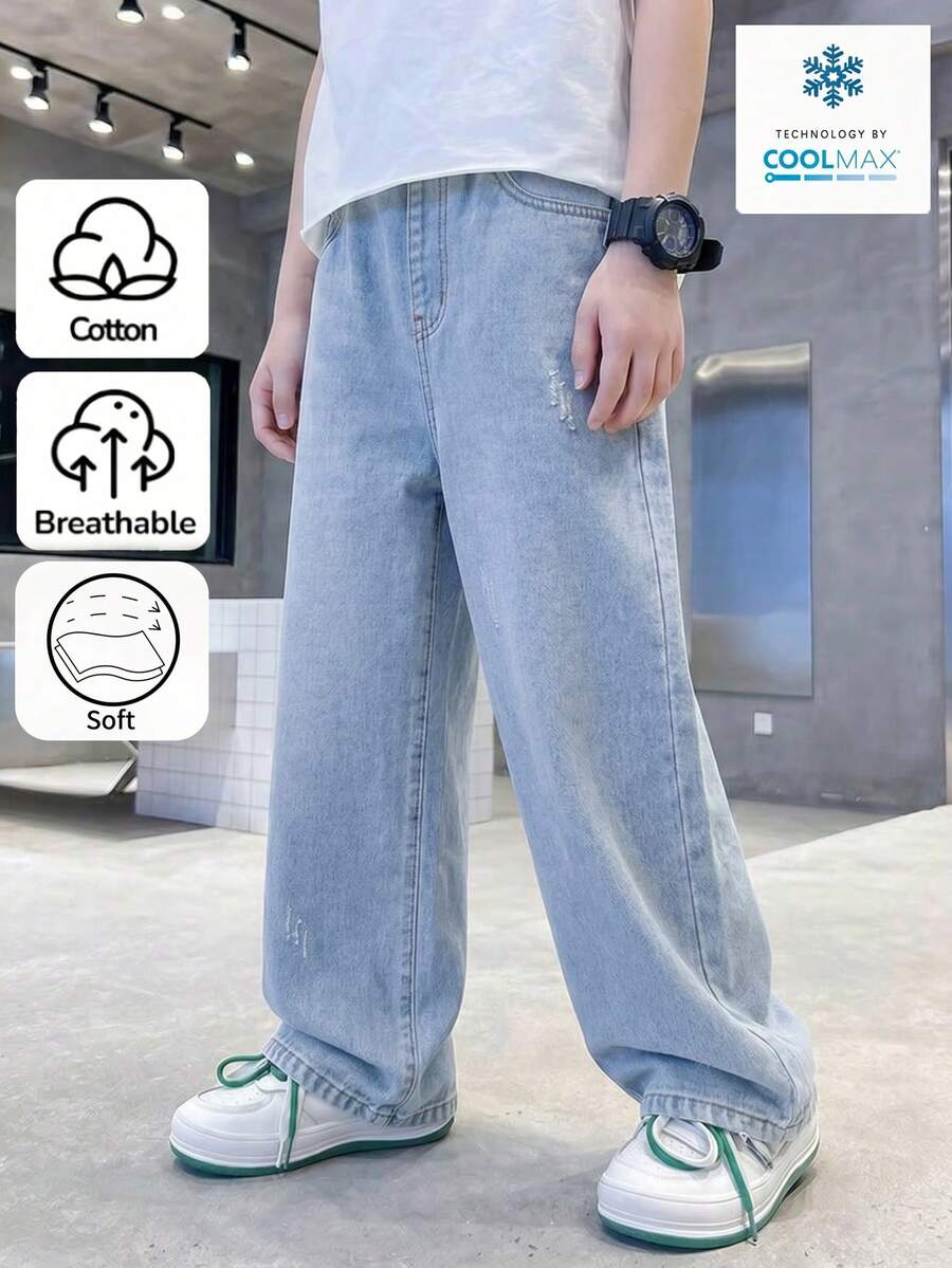 SHEIN Streecool Kids 2026年新款青少年男童四季皆宜天丝牛仔阔腿裤，高腰弹力腰带宽松直筒长裤，轻盈透气，触感凉爽，休闲运动百搭，贴身舒适，日常穿着，度假音乐节必备，酷炫牛仔裤，宽松牛仔裤，浅色水洗牛仔裤，肥大牛仔裤