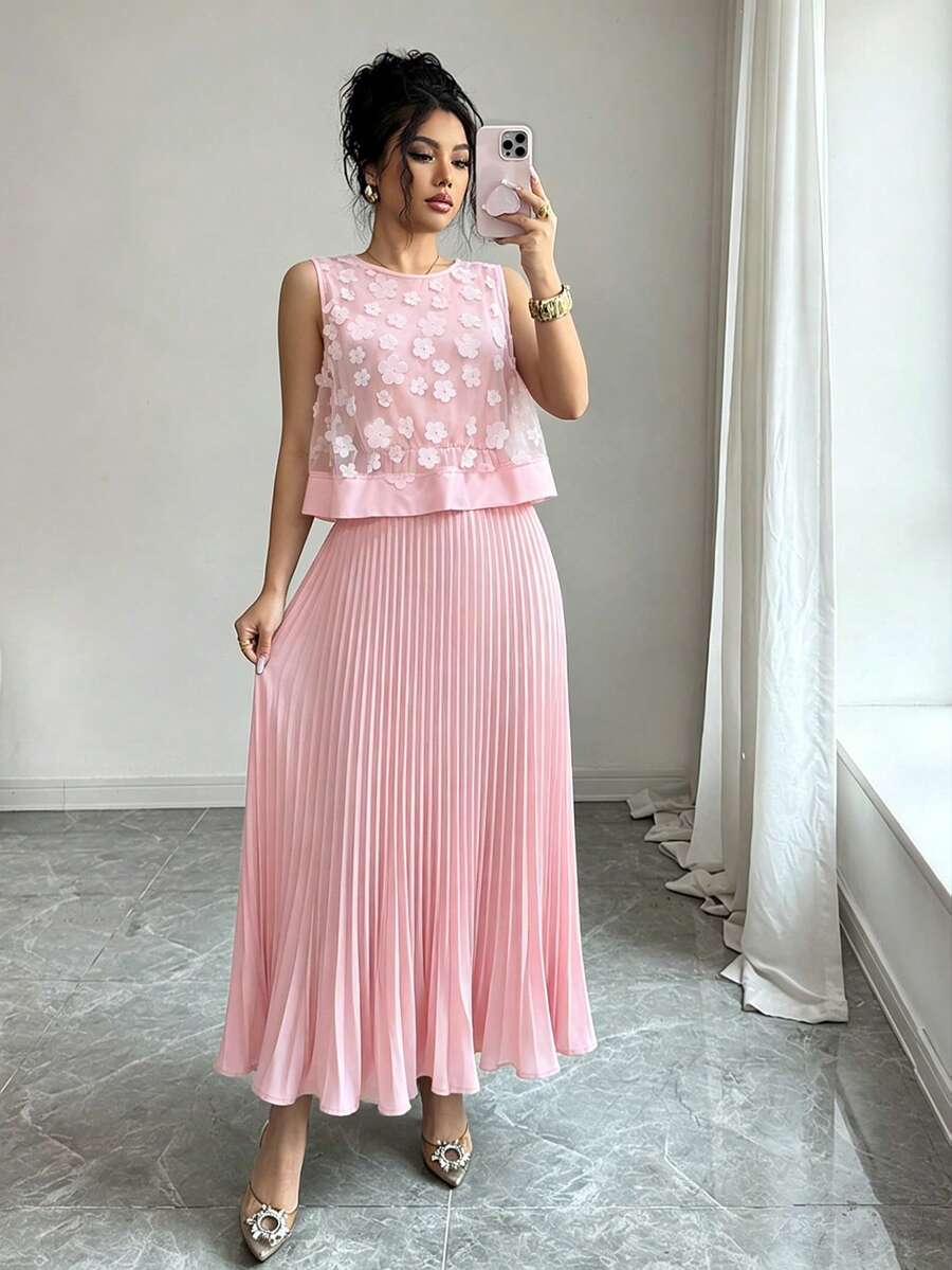 Selianne Fashionable Elegant Sexy 3D Floral Pleated Round Neck Sleeveless 2 In 1 Dress For Women Golf Pastal Summer - Pink - View 1