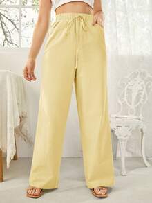 SHEIN Essnce Women's Vacation Casual Solid Color Wide Leg Pants - Light Yellow - View 4