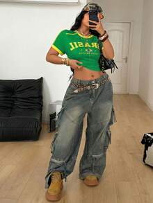 Coolane Maglietta estiva da donna taglie forti, stile streetwear da spiaggia, design a blocchi di colore verde e giallo con stampa a lettera, stile canotta da basket, adatta per il Brasile - Verde - Visualizzare 6