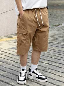 Manfinity Hypemode Quần short nam hàng ngày đơn giản có dây rút màu trơn rộng thùng thình kaki trơn đi chơi - Màu Khaki - Xem 3