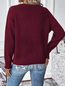 EMERY ROSE Suéter de mujer de unicolor con hombros caídos, suéter holgado de manga larga de ajuste regular para finales de otoño, color burdeos, suéteres de mujer de punto para otoño e invierno, Navidad - Burdeos - Ver 2