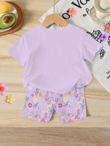 Summer Baby Girl Casual Multi-Piece Set, Brown & Apricot Leopard Print Cartoon Rabbit Pattern, Round Neck Short Sleeve T-Shirt & Shorts - Multicolor - View 2