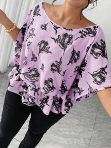 SHEIN Elenzya Áo kiểu nữ cỡ lớn in họa tiết, tay cánh dơi, rộng rãi và thoải mái, màu mơ thanh lịch với họa tiết in đen, phù hợp cho các bữa tiệc, tiệc trà chiều, đi làm, đa năng. - Nhiều màu - Xem 3