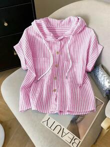 GlowEve Áo khoác cardigan nữ mùa hè dáng ngắn, chất liệu chiffon kẻ sọc, có mũ, kiểu dáng thường ngày, đa năng, có túi, tay ngắn. - Hồng - Xem 1