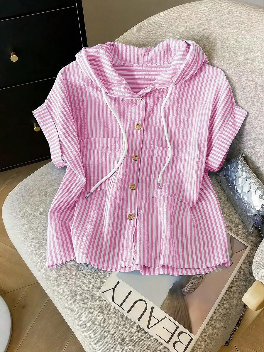 GlowEve Áo khoác cardigan nữ mùa hè dáng ngắn, chất liệu chiffon kẻ sọc, có mũ, kiểu dáng thường ngày, đa năng, có túi, tay ngắn. - Hồng - Xem 1