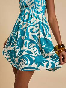 Travachic Vestido corto de mujer con tirantes finos y estampado tejido - Azul - Ver 5