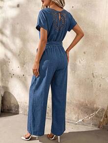 SHEIN Clasi Bộ jumpsuit nữ kiểu dáng giản dị, tối giản, màu trơn, chất liệu móc len, tay cánh dơi, có thắt lưng, thích hợp cho kỳ nghỉ xuân/hè. - Màu xanh lam - Xem 5