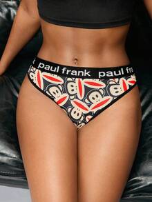Paul Frank X SHEIN 女士舒适字母编织带猴子印花丁字裤，夏季 - 黑色 - 查看 1