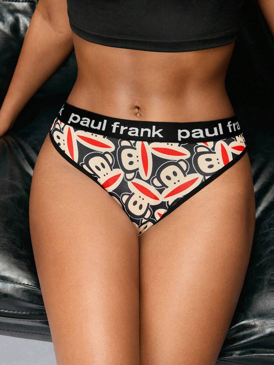 Paul Frank X SHEIN 女士舒适字母编织带猴子印花丁字裤，夏季 - 黑色 - 查看 1