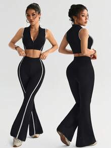 SHEIN Dewbera 一套女士运动服套装，撞色设计，拉链，喇叭裤腿，修身显瘦，适合跑步、健身、锻炼、运动、瑜伽 - 黑色 - 查看 6