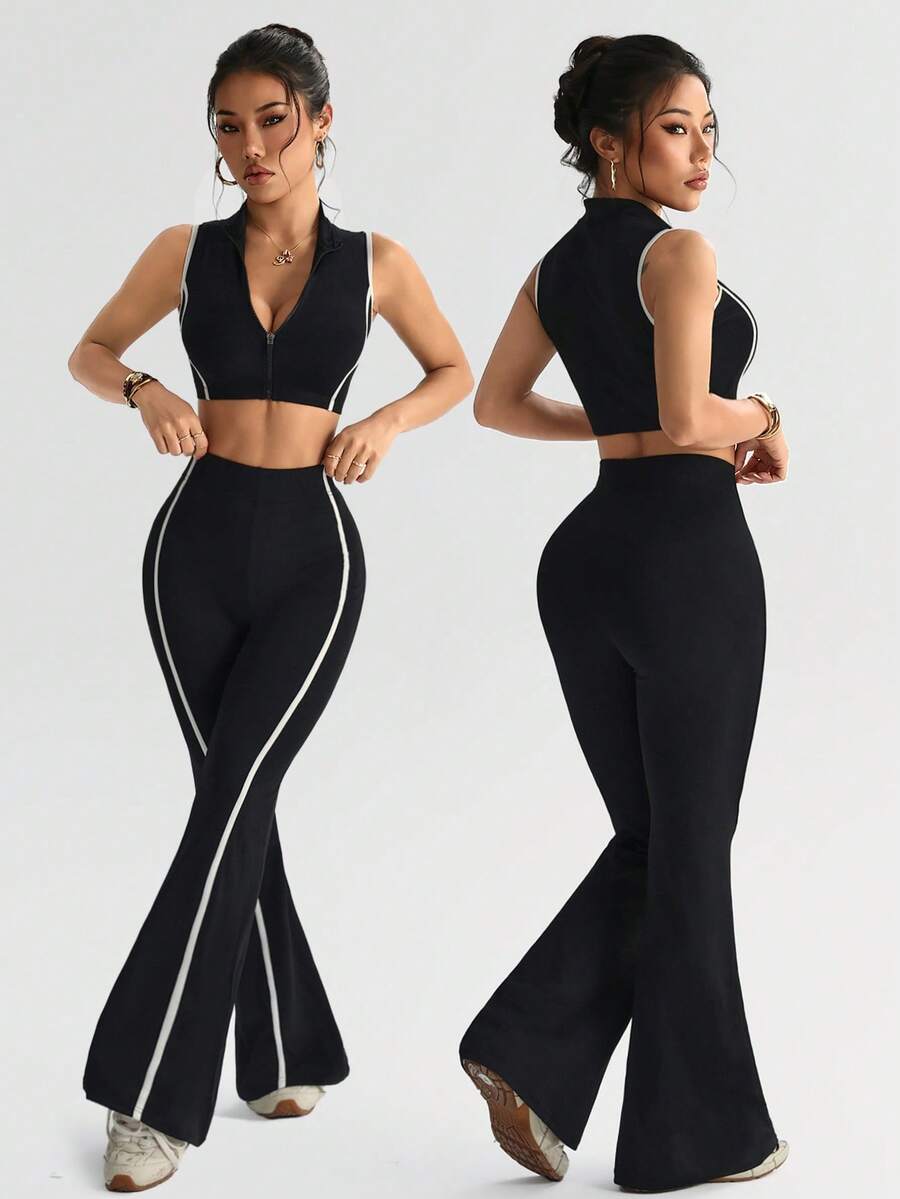 SHEIN Dewbera Bộ đồ thể thao nữ, phối màu, có khóa kéo, ống loe, tôn dáng, thích hợp cho chạy bộ, tập thể dục, tập luyện, thể thao, yoga. - màu đen - Xem 1
