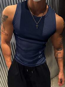 Manfinity Dauomo Men's Solid Color Crew Neck Ribbed Casual Tank Top - Blue - View 3