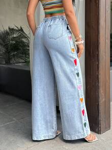 SHEIN Tall 女士休闲度假爱心刺绣松紧腰牛仔裤 - 藍色 - 查看 2