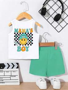 2pcs/Set Baby Boy Casual Graphic Print "MAMA'S BOY" Top And Solid Color Shorts Outfit, Summer Sleeveless Tee And Shorts Set - Multicolor - View 2