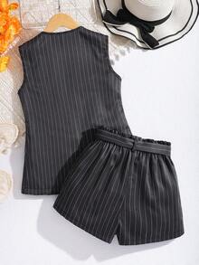 SHEIN 2件套少女无袖背心外套配蝴蝶结腰带和短裤休闲时尚套装，姐妹装（2套单独出售） - 彩色 - 查看 2