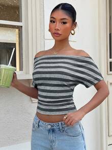 Muchica Women's Spring/Summer New Knit Striped Off-Shoulder Ruched T-Shirt - Grey - View 5