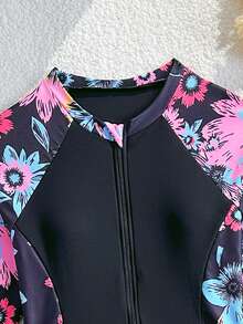 SHEIN Tween Girls Tankini Swimwear,Blue Summer Boho Beach Holiday Swim Holiday,Long Sleeve Rash Guard Set,Zipper 2pcs Modest Bathingsuit With Shorts,Pool - Multicolor - View 3