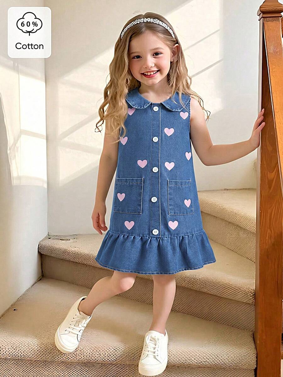 Elladie kids 幼女無袖牛仔洋裝，藍色開學季愛心印花彼得潘領荷葉邊下擺短款棉質洋裝，附口袋，夏季休閒時尚