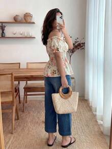 Enliva Áo cánh hở vai họa tiết hoa thắt eo thanh lịch thời trang cho nữ cỡ lớn, thích hợp cho các buổi hẹn hò, du lịch và nhiều dịp khác, mùa xuân/hè - Nhiều màu - Xem 2