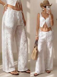 SHEIN ICON White Flower Summer Boho Vacation Holiday Women Elegant Formal Loose Flare Leg Fashionable Business Casual Streetwear Retro Pants Beach - White - View 4